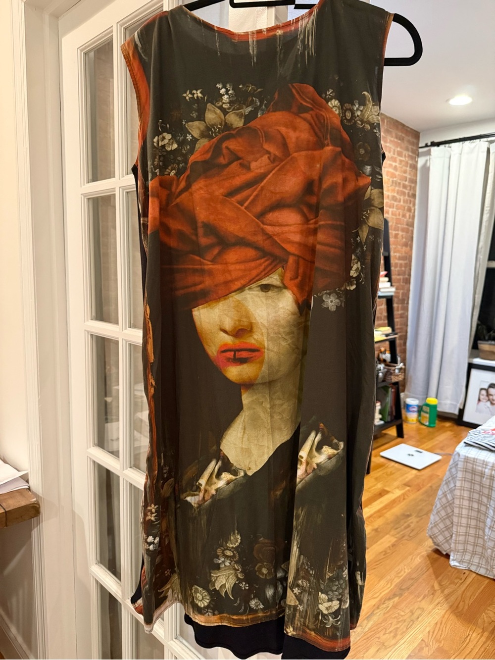 Sleeveless Portrait Print Dress in Olive and Rust